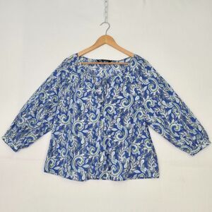 Zara Womens M Blue Green White Paisley Peasant Boho Button Up 3/4 Sleeve Blouse